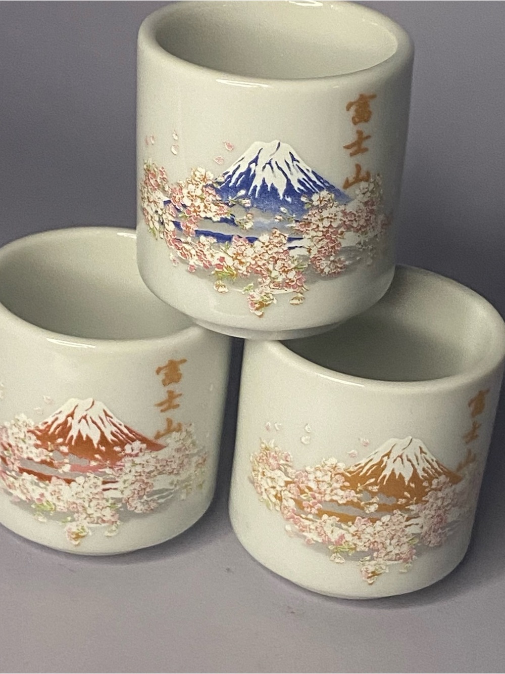 Ceramic Sakura Mount Fuji Sake Cups - White with Pink & Blue Accents